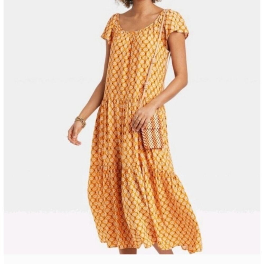 Knox Rose Womens Yellow Flutter Sleeve Maxi Dress XXL‎